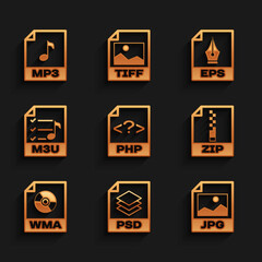 Set PHP file document, PSD, JPG, ZIP, WMA and M3U icon. Vector