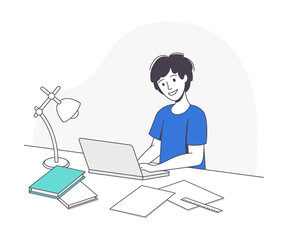 Smiling Boy School Pupil Doing Homework Sitting at Desk Studying with Laptop Vector Illustration