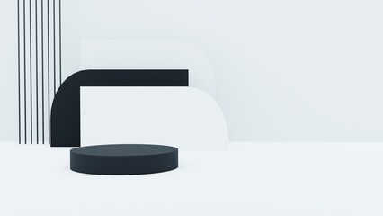 Abstract 3d shape for advertising products display with copy space. Modern white and black round podium with white empty room and spot light background. Minimal studio room concept. 3d render