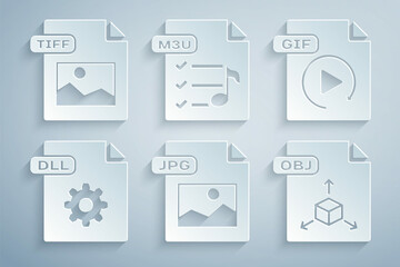 Set JPG file document, GIF, DLL, OBJ, M3U and TIFF icon. Vector