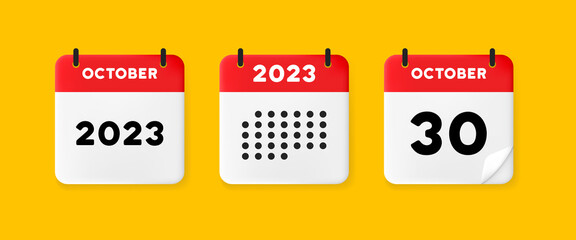 Calendar set icon. Calendar on a yellow background with thirty october, 2023, 30 number text. Reminder. Date menegement concept. Vector line icon for Business and Advertising