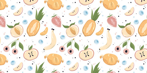Fresh summer fruit pattern.Tropical and homemade fruits and berries doodle seamless pattern. Vegan food, healthy eating, health care. Cute colorful illustration, vector seamless pattern.