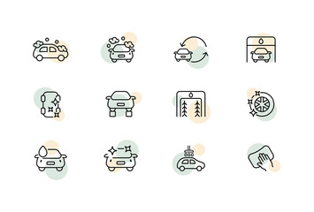 Automobile set icon. Self service car wash, headlight and glass polishing, replacement, service station, wheel replacement. Machine maintenance concept. Vector line icon for Business and Advertising
