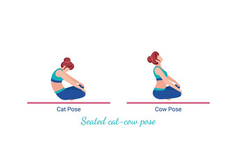 Young woman is sitting in Marjaryasana-Bitilasana. Active woman in Cat-Cow stretching. Girl is exercising enjoying healthy lifestyle. Vector Illustration isolated on white background.