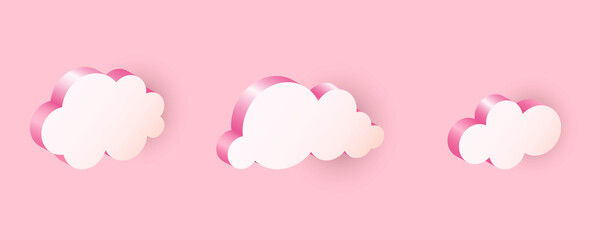 3D pink clouds. Realistic icon set, geometric shapes in sunset sky, communication balloon, web internet symbol, meteorology climate element, decorative objects vector isolated illustration