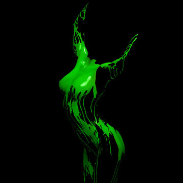 Contemporary body art. Invisible woman's body, breast, hands and buttocks covered with green paint, dye isolated over black background. Concept of creativity, beauty.