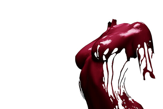 Contemporary body art. Cropped female invisible body, breast and shoulders covered with wine color paint, dye isolated over white background. Concept of creativity, beauty.