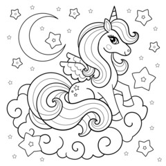 Cartoon unicorn sits on a cloud. Black and white linear drawing. Fantasy animal. For kids design Coloring books, prints, posters, cards, stickers, etc. Vector