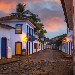 View to the streets of the colonial city of paraty at the sunrise with the street light on in Rio de Janeiro - Brasil