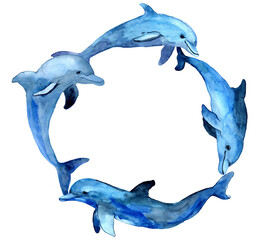 Illustration of blue, gray dolphins in circle frame. Watercolor hand drawn jumping dolphin in round border isolated. Perfect for photo frames, tourist goods, printable posters, offers, covers.