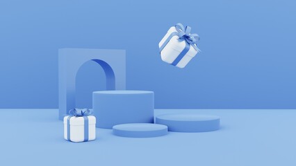 Minimal product display stand. Mock up podium in abstract white and pastel blue composition, 3d rendering, 3d render