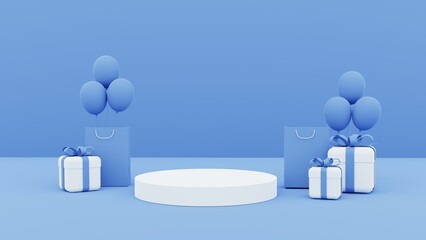 Minimal product display stand. Mock up podium in abstract white and pastel blue composition, 3d rendering, 3d render