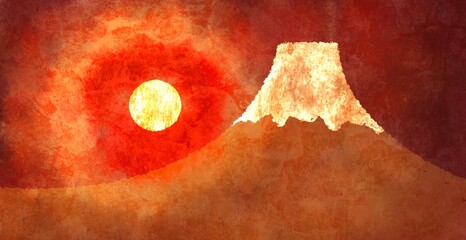 和風 めでたい富士山と日の出・夕焼け 金運アップ 日本画背景素材