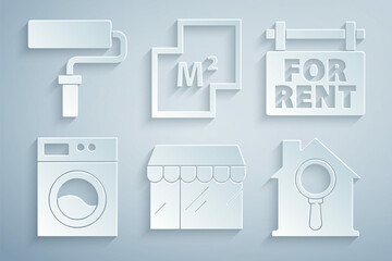 Set Market store, Hanging sign with For Rent, Washer, Search house, House plan and Paint roller brush icon. Vector
