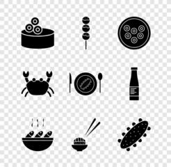 Set Tin can with caviar, Takoyaki on stick, Caviar plate, Fish soup, Sushi, Sea cucumber, Crab and Served icon. Vector