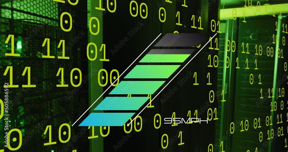 Poster animation of binary code over speedometer and servers in background