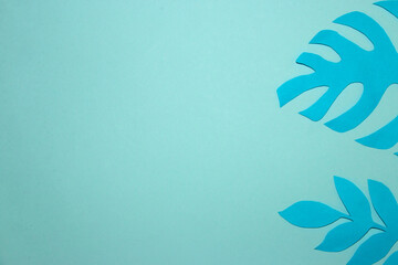 Fototapeta na wymiar blue paper jungle leaf on the right pastel blue background, creative tropical design