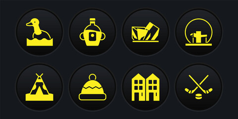Set Indian teepee or wigwam, Montreal Biosphere, Beanie hat, House, Royal Ontario museum, Maple syrup, Ice hockey sticks and puck and Flying duck icon. Vector