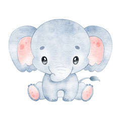 Digital watercolor. Digitally drawn illustration of a cute cartoon elephant. Cute tropical animals.