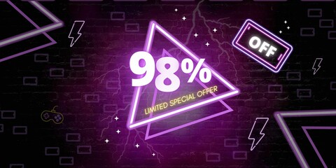98% off limited special offer. Banner with ninety eight percent discount on a black background with purple triangles neon