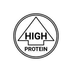 High protein sign, label, sticker in circle with arrow. Food and diet icon to denote high protein content. Arrow up symbol for products. Vector