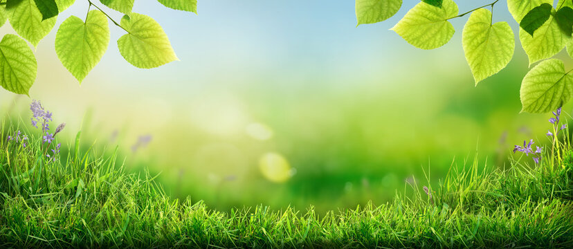 A wooden table product display with warm spring garden background of green grass and blurred foliage with strong sunlight.