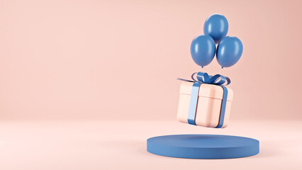 3d rendering of promotion sale with gifts  and balloon on minimal pink blue background.