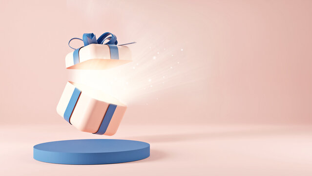 3d rendering of promotion sale with gifts  and balloon on minimal pink blue background.