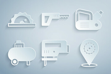 Set Electric jigsaw, planer tool, Air compressor, Circular blade, Reciprocating and circular icon. Vector