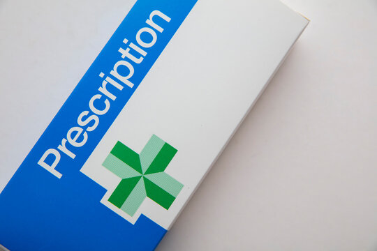 OXFORD, UK - May 2022: NHS medical prescription packaging from the UK