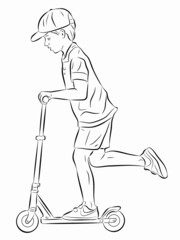 illustration of boy on a scooter, vector drawing