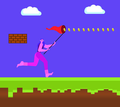 Illustration of flat female character running in a old school platform video game and collecting gold coins, persom chasing money, vector.
