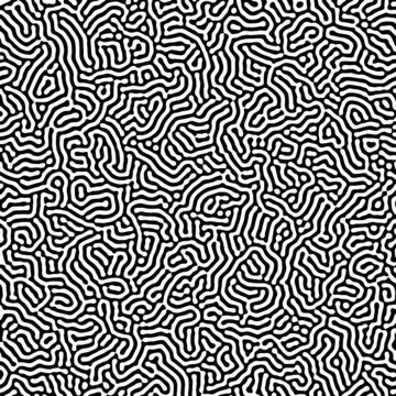 Reaction diffusion texture vector seamless organic rounded jumble maze lines patterns in black and white. Abstract nature backgrounds