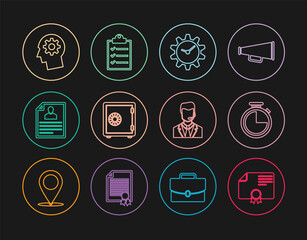 Set line Certificate template, Stopwatch, Time Management, Safe, Resume, Human head with gear inside, headset and Clipboard checklist icon. Vector