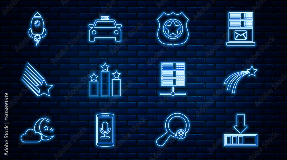 Wall mural Set line Loading, Falling star, Police badge, Ranking, Rocket ship with fire, Server, Data, Web Hosting and Taxi car icon. Vector