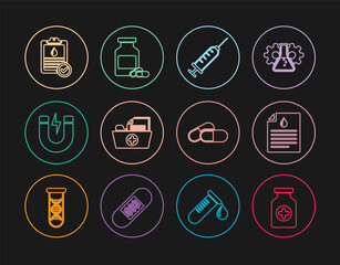 Set line Medicine bottle, Clipboard with blood test, Syringe, Health record folder, Magnet lightning, pill tablet and and pills icon. Vector