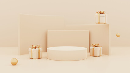 Naklejka na ściany i meble Cosmetic banner with realistics podium and gifts box luxury with ribbon gold and balloons element. 3d render.