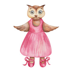 Watercolor illustration of hand painted owl bird girl in dance studio in pink dress and ballet shoes with laces. Cartoon animal character. Isolated clip art for children fabric textile print, poster © Olga Sidelnikova