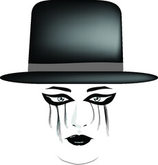 Eyeshadow runs down the face of a woman wearing a stylish hat.
