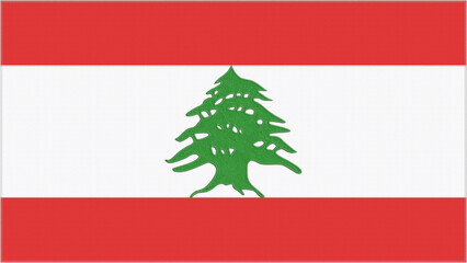 Lebanon embroidery flag. Lebanese emblem stitched fabric. Embroidered coat of arms. Country symbol textile background. - obrazy, fototapety, plakaty