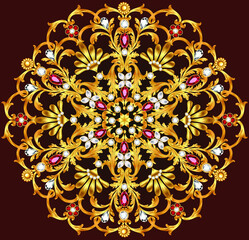 illustration background with a circular gold ornaments and precious stones