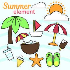 Summer colored elements collection. Flat illustrations