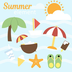 Summer elements collection. Flat colored illustrations