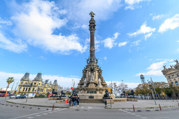Barcelona, Spain. The Columbus monument or The Colon (Mirador de Colom) is a 60 m tall monument to...