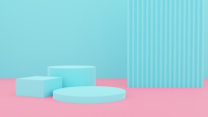 3d blue podium on pastel background abstract geometric shapes in studio scene. 3d rendering for pedestal, stage, product mockup design. Creative ideas minimal summe. 3d render