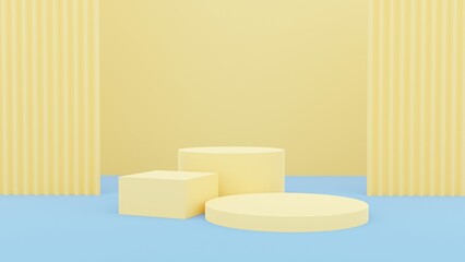Gift yellow podiums on pastel background. Abstract minimal scene with geometrical. Scene to show cosmetic products presentation. Mock up design empty space. Showcase, shopfront, display case,3d render