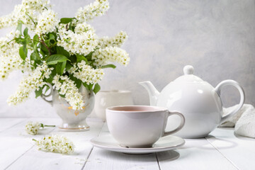 Useful spring tea with bird cherry in a white cup on a light background