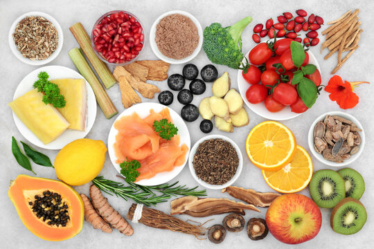 Health food collection for immune system boost with seafood, vegetables, fruit, medicinal herbs, spice. Very high in antioxidants, anthocyanins, protein, fibre, vitamins, minerals, omega 3. 