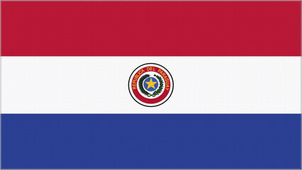 Paraguay embroidery flag. Paraguayan emblem stitched fabric. Embroidered coat of arms. Country symbol textile background.