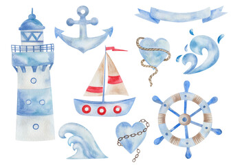 Obraz na płótnie Canvas Watercolor illustration of hand painted blue lighthouse, beacon, anchor, wooden steering wheel with rope, heart, ship, vessel, boat. Isolated marine clip art elements for sea, summer fabric textile